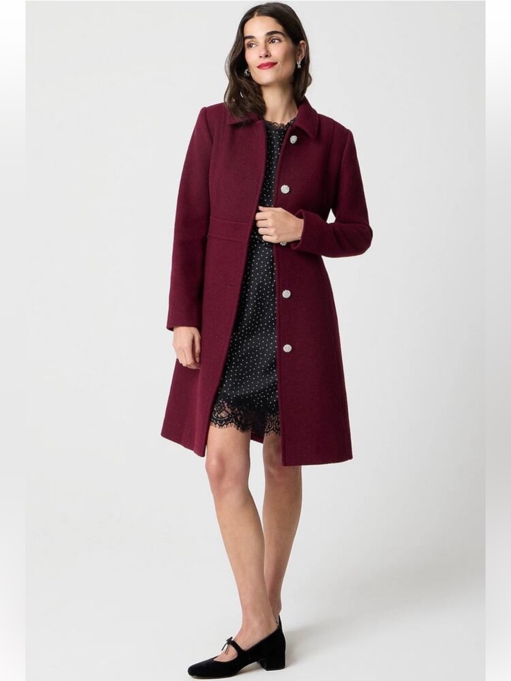 J. Crew Lady Day Coat with Jeweled Buttons Wool Blend Burgundy Size 10